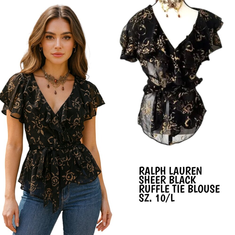 Ralph Lauren‎ black and gold floral top sheer wrap blouse top sz. 10 large euc.